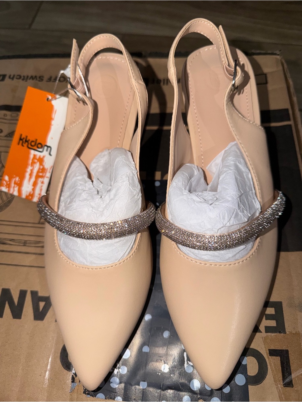 Women's Nude Slingback Pointed Toe Flats with Rhinestone Strap